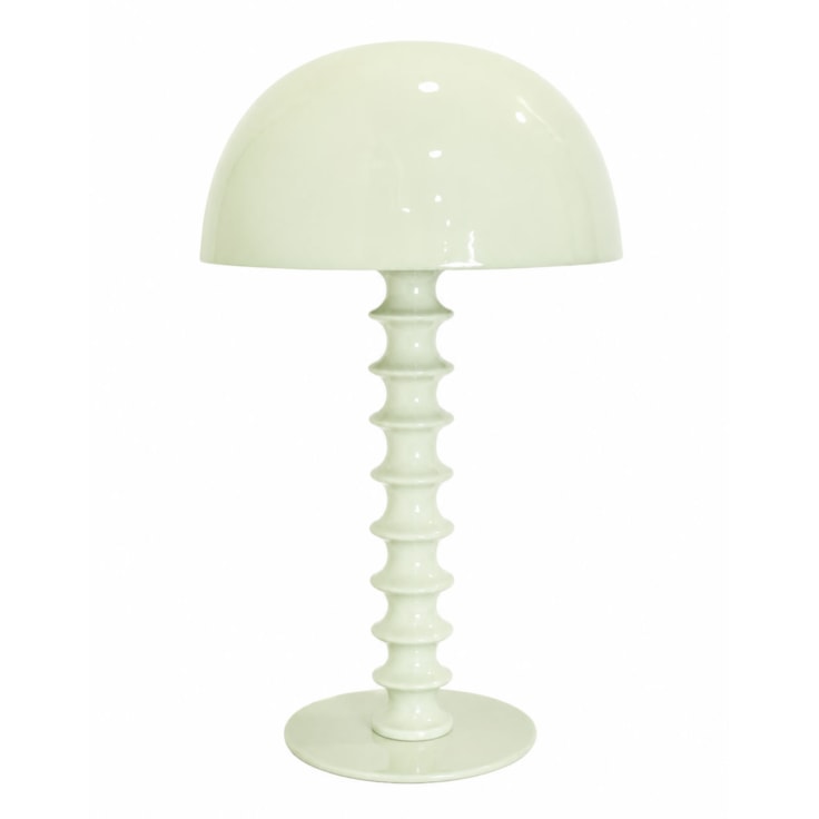 Beautiful soft pale sage green ribbed table lamp - super styled, with a smooth glossy metal dome shade and super glossy ribbed base. 30 x 50 x 50cm