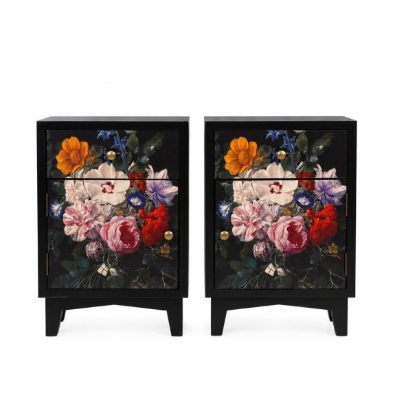 With this pair of stylish black Boho floral bedside cabinets by your sofa or bed you have ample storage for everything! Fun and funky! 35 x 40 x 60cm