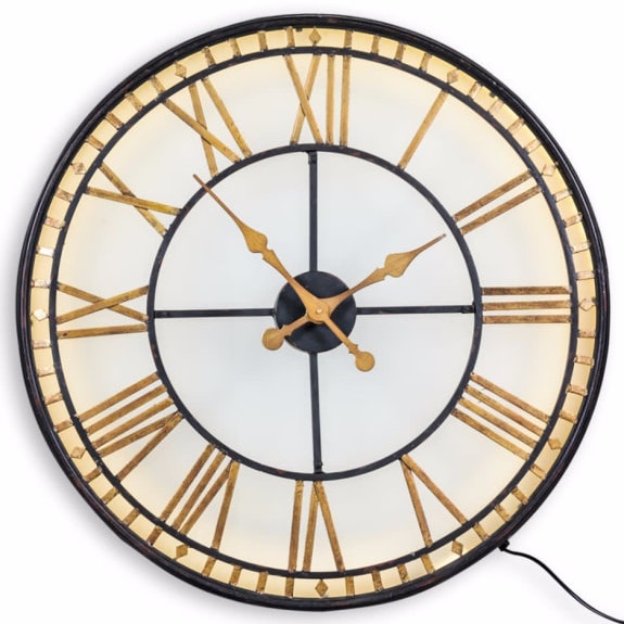This wonderfully large black gold back lit"Westminster" clock is superb - bold style, statement size, gold numerals and wonderful light! 81 x 81 x 14cm